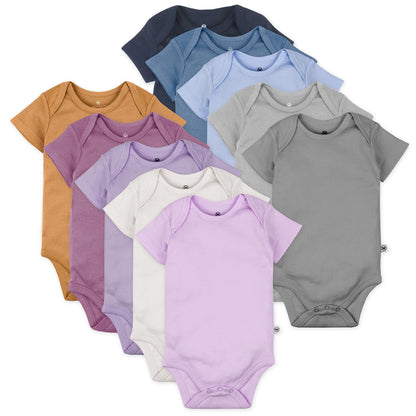 HonestBaby 10-pack Short Sleeve Bodysuits One-piece for Infant Baby Boys, Girls, Rainbow Gems Blues, 6-9 Months