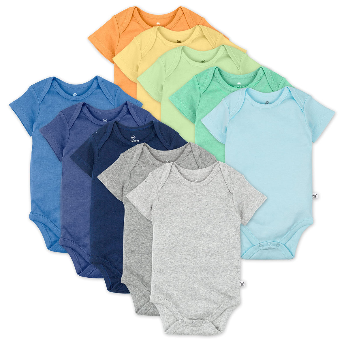 HonestBaby 10-pack Short Sleeve Bodysuits One-piece for Infant Baby Boys, Girls, Rainbow Gems Blues, 6-9 Months