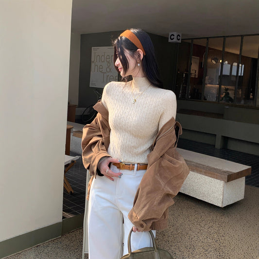 Chic Gray Cable Knit Crewneck Sweater Top for Women, Slim Fit Short Length Underwear Shirt