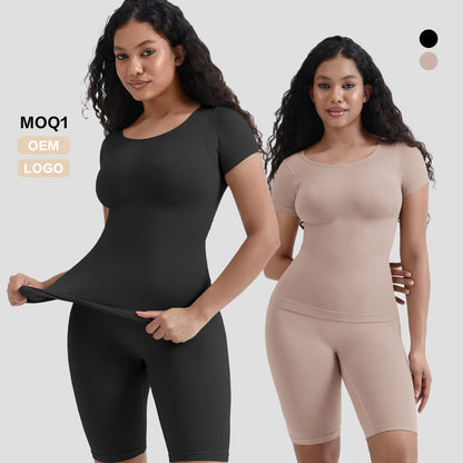 Round Neck Short Sleeve Shapewear and Tummy Control Pants Set